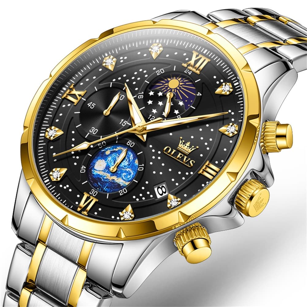 OLEVS 9807 Starry Moon Phase Chronograph Quartz Watch for Men