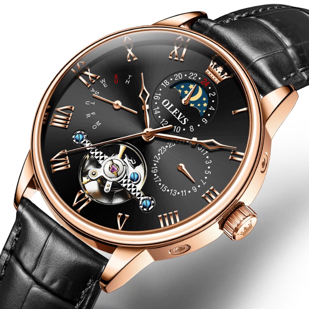 OLEVS 7009 Sun and Moon Skeleton Mechanical Watch for Men
