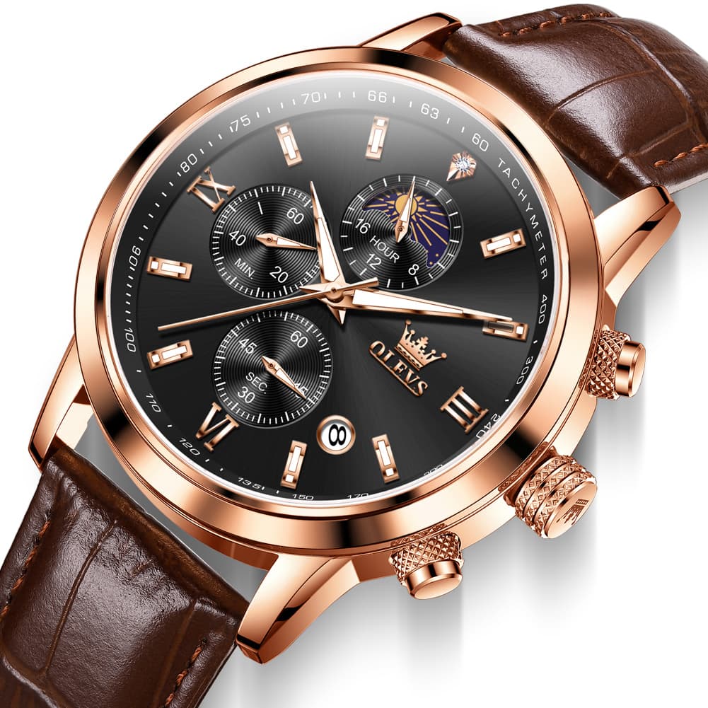 OLEVS 9812 Moon Phase Chronograph Leather Watch for Men