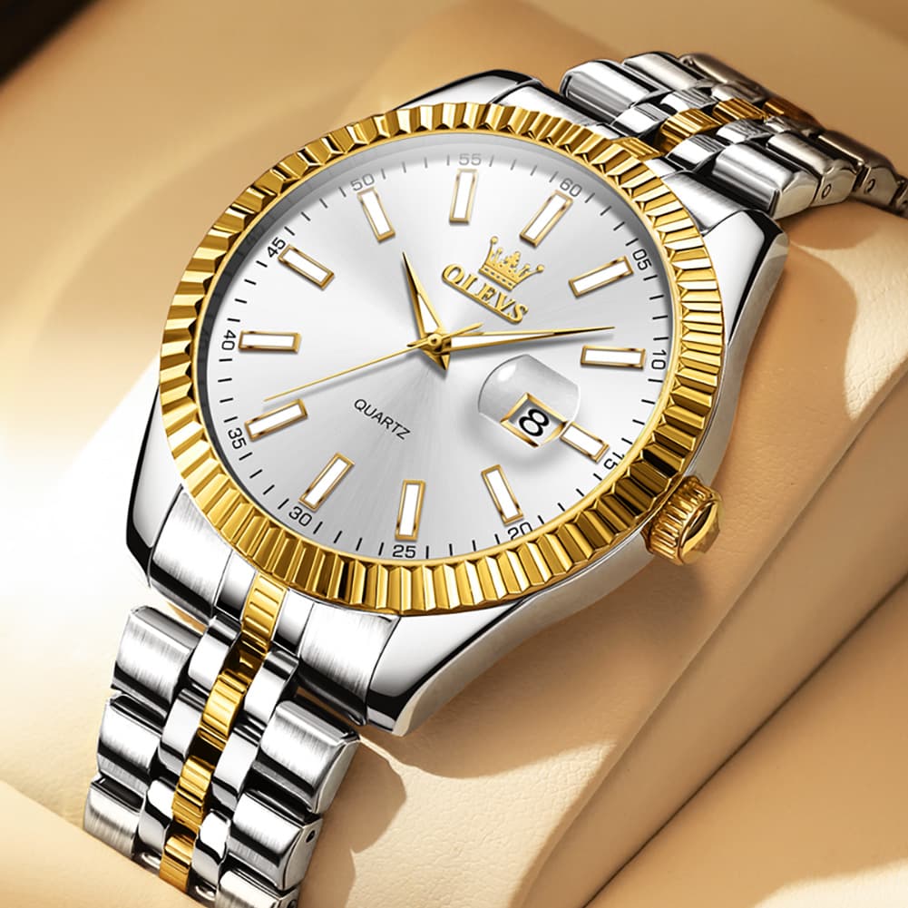 OLEVS Couple Watch Fluted Bezel Two Tone Stainless Steel Date Quartz 5593