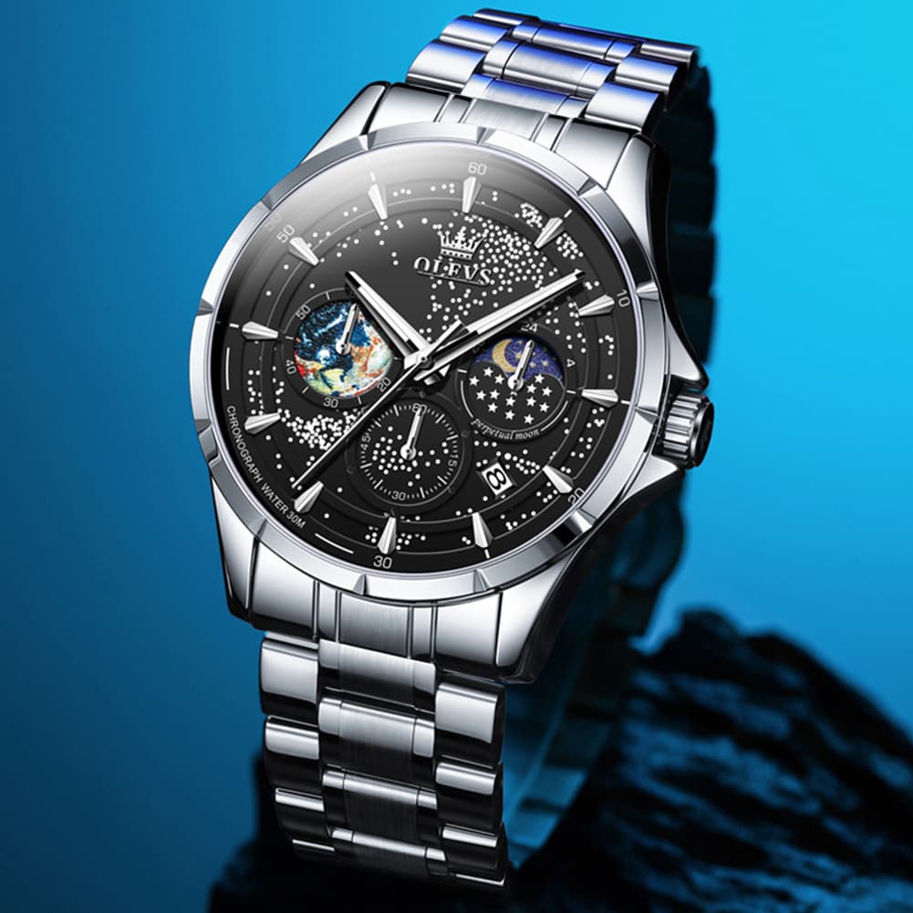 OLEVS Starry Sky Moon Phase Watch for Men Stainless Steel 5538