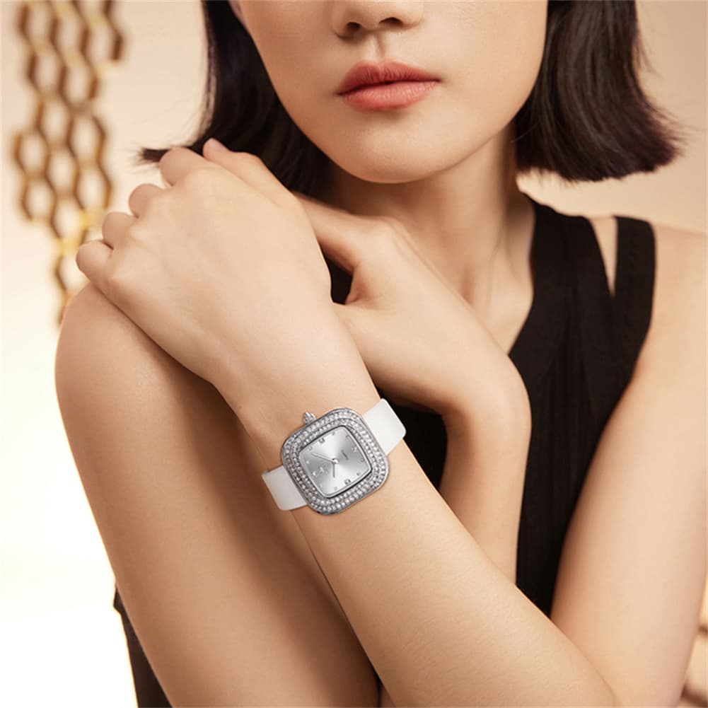 OLEVS Square Diamond Bezel Leather Watch 5512 Petite Quartz for Women