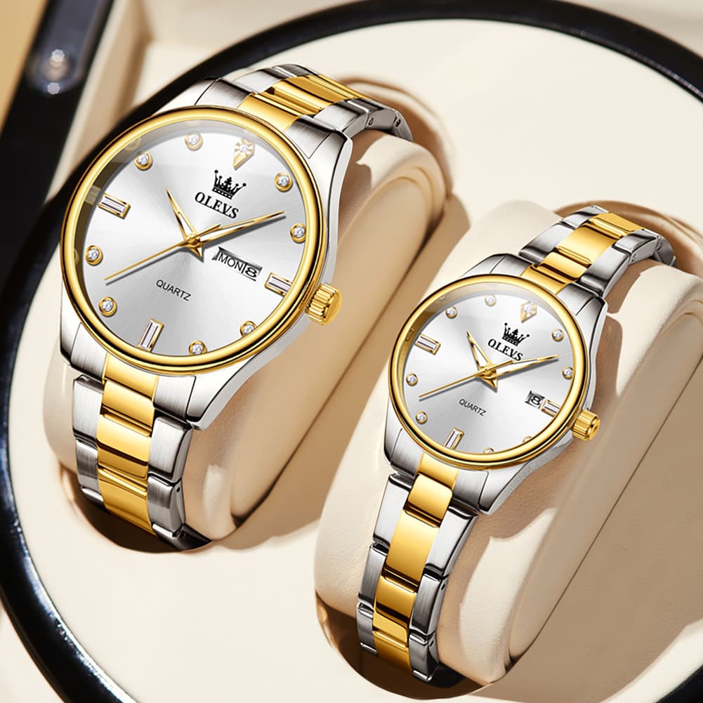 OLEVS 3621Q Minimalist Diamond Quartz Couple Watches Set