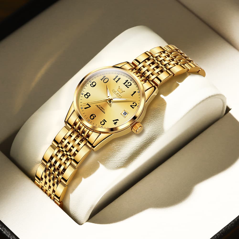 OLEVS 6666N Stainless Steel Mechanical Big Numeral Watch for Women