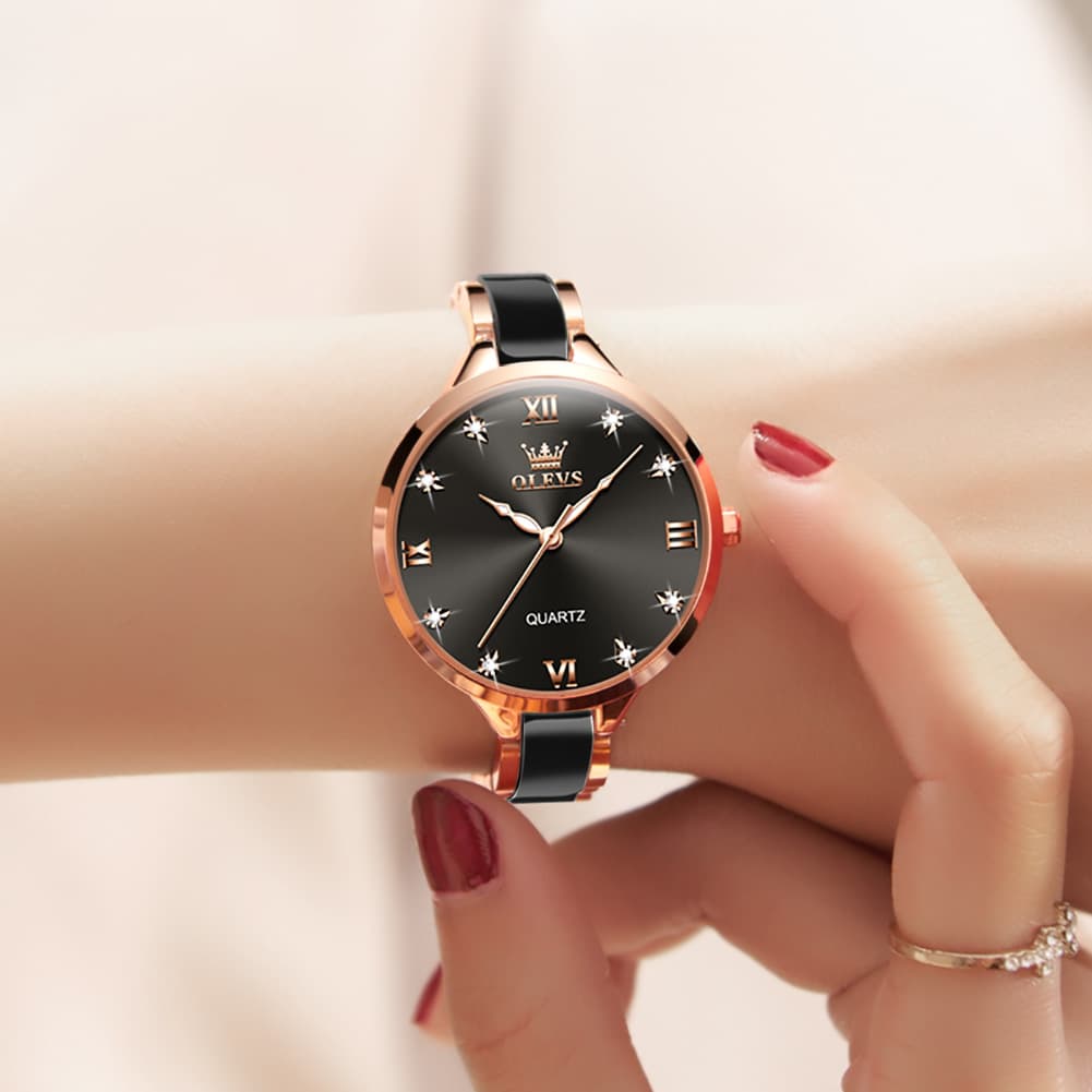 OLEVS 5872 Ceramic Bracelet Watch Rose Gold Diamond Accent Quartz Luxury Timepiece for Women