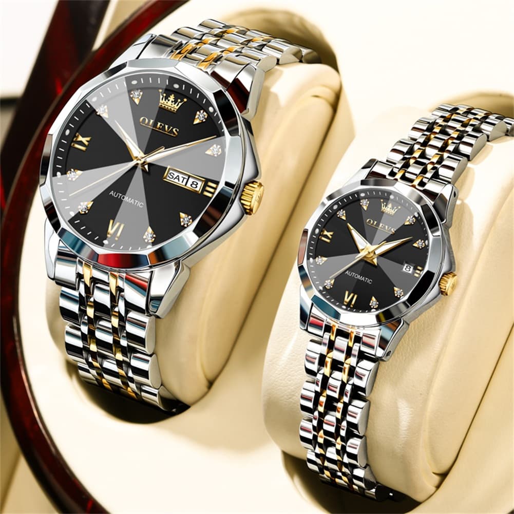 OLEVS Couple Watches 3D Diamond Cut Mirror Automatic Watch 9982 Steel Band for His and Hers