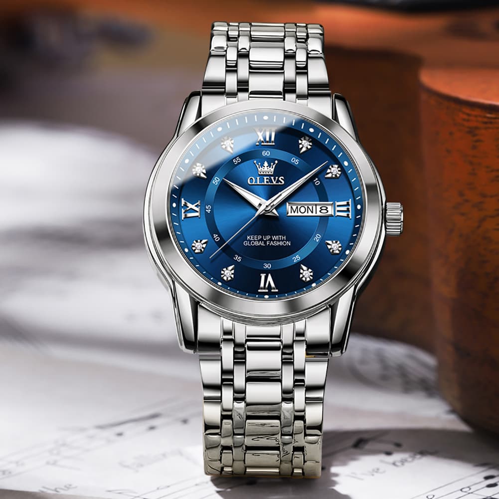 OLEVS Diamond Dial Day Date Quartz Watch 5513 Steel Band for Men