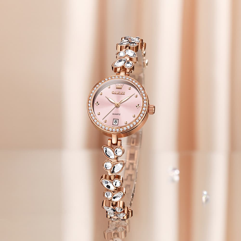 OLEVS 5679 Crystal Cluster Bracelet Watch Zircon Bezel Date Quartz Jewelry Timepiece for Women