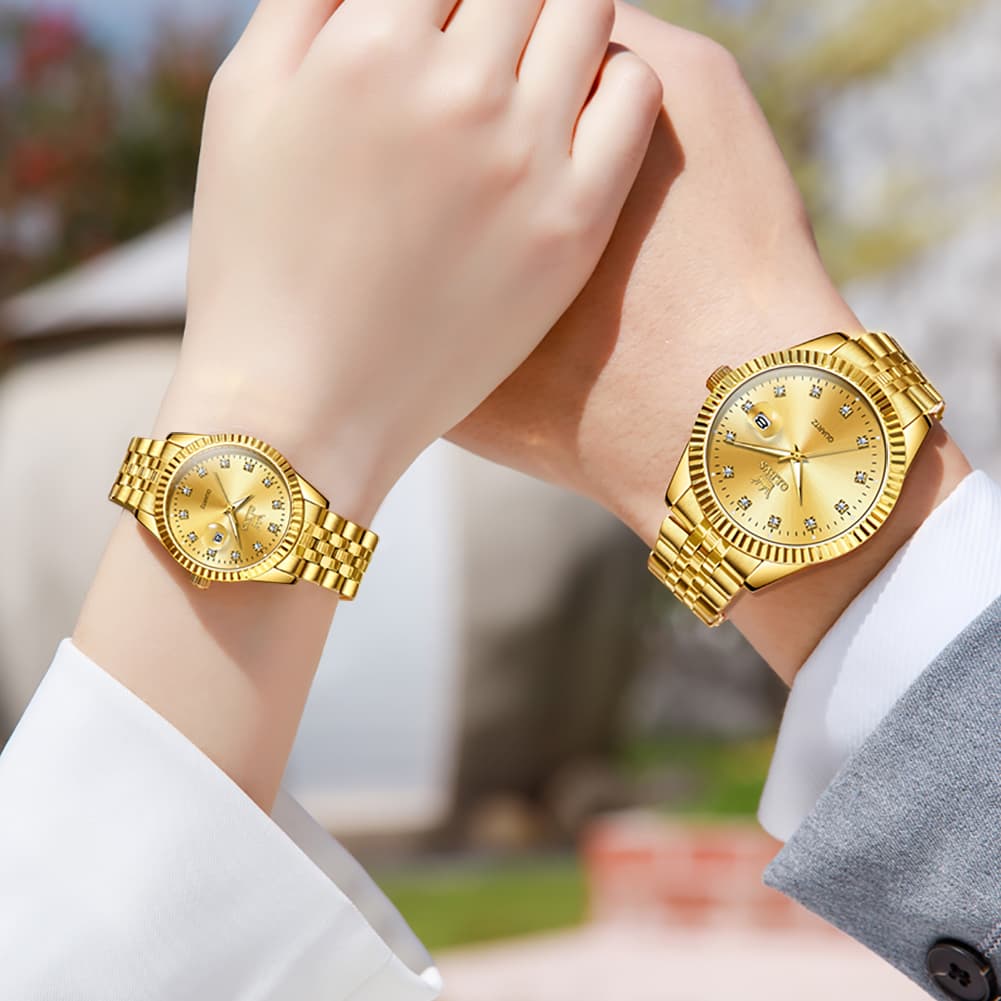 OLEVS Couple Watches Fluted Bezel Diamond Dial Quartz Watch 5526 Jubilee Band for His and Hers