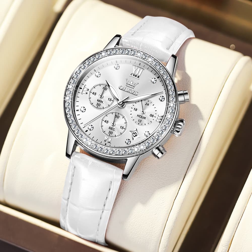 OLEVS 9933 Crystal Bezel Chronograph Leather Watch for Women