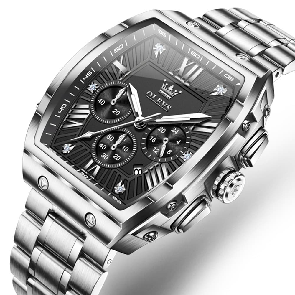 OLEVS Men Tonneau Watch Chronograph Stainless Steel Luxury Quartz 5639