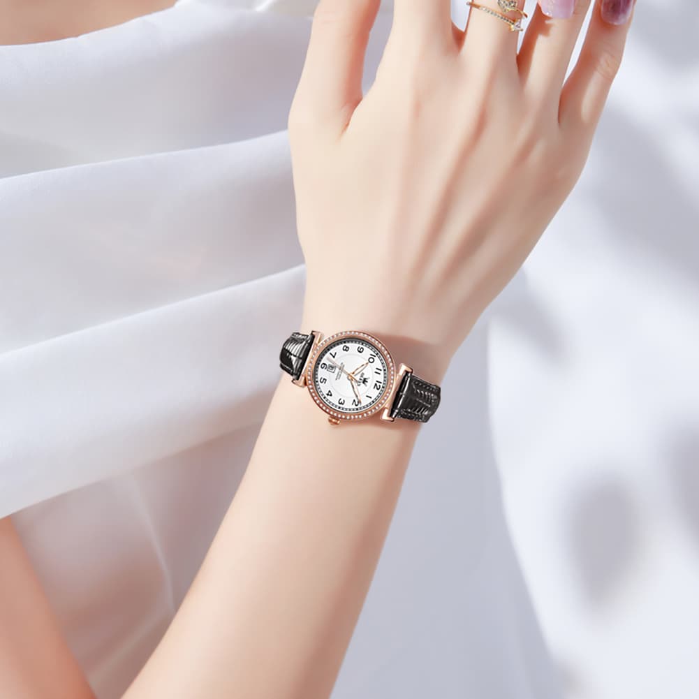 OLEVS Women Vintage Leather Dress Watch Arabic Numerals Date Quartz 5590