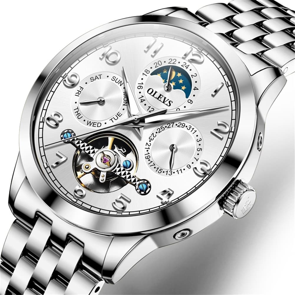 OLEVS 7018 Sun and Moon Skeleton Mechanical Watch for Men