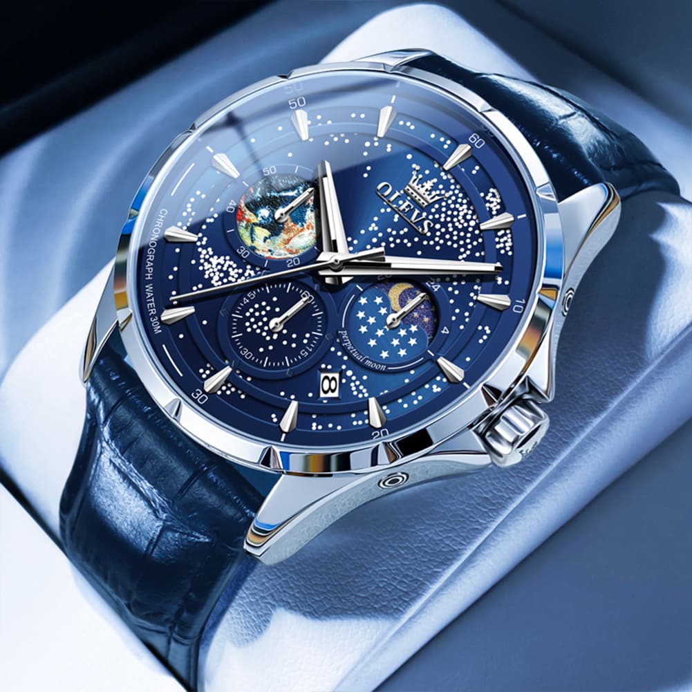 OLEVS Starry Sky Moon Phase Watch Leather Strap for Men 5538