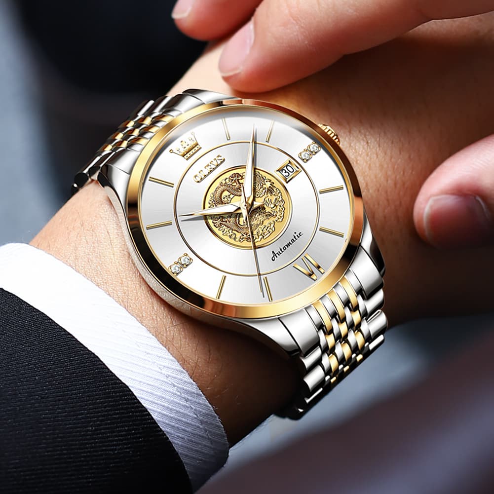 OLEVS 6693 3D Dragon Mechanical Steel Watch for Men