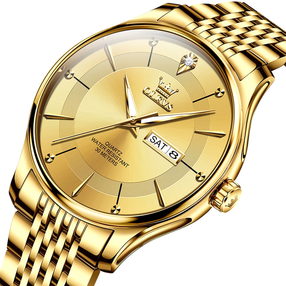 OLEVS 9908 Diamond Accent Day Date Quartz Watch for Men