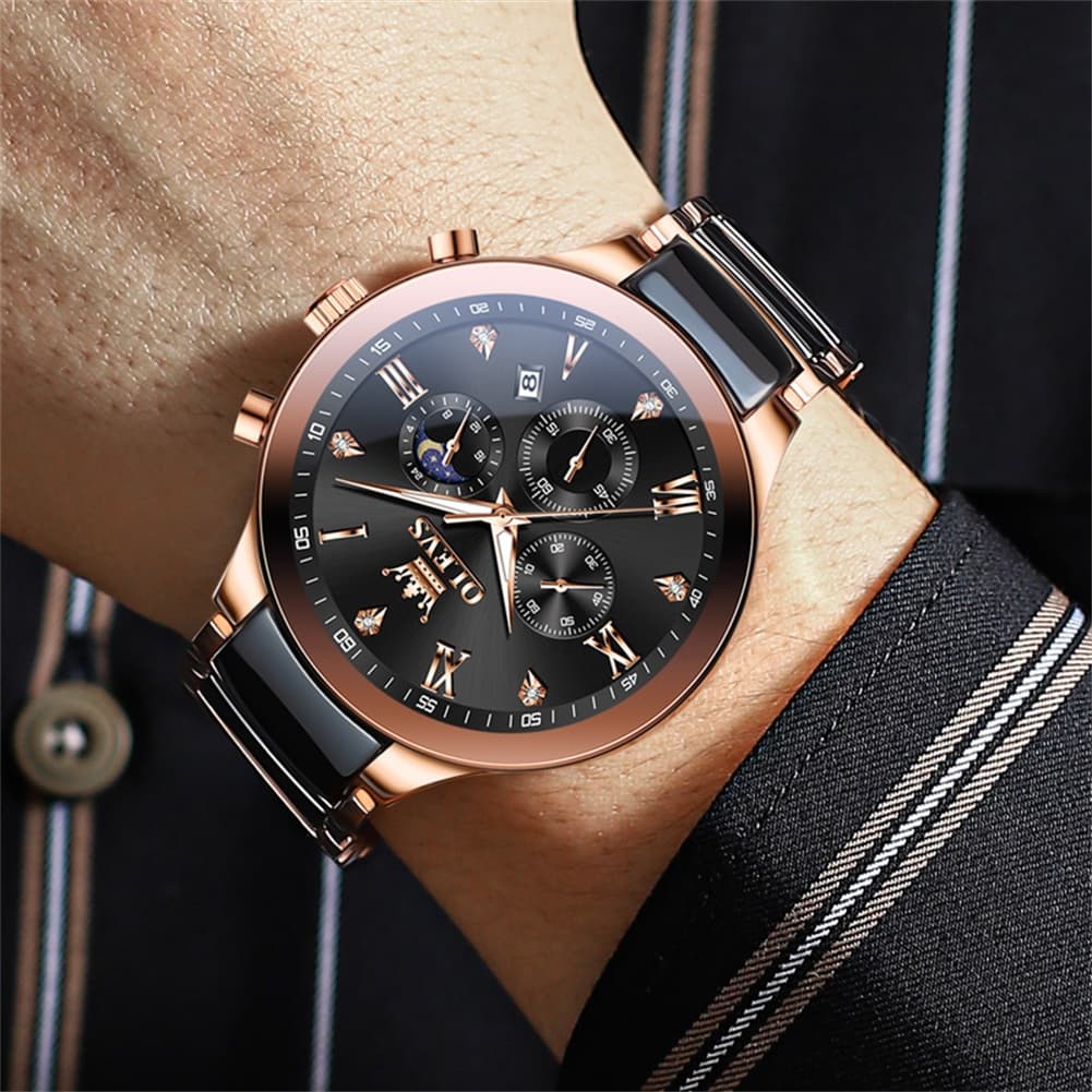 OLEVS 7004 Moon Phase Chronograph Watch Ceramic Link Bracelet Quartz Luxury Timepiece for Men