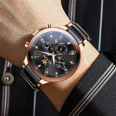 OLEVS 7004 Moon Phase Chronograph Watch Ceramic Link Bracelet Quartz Luxury Timepiece for Men