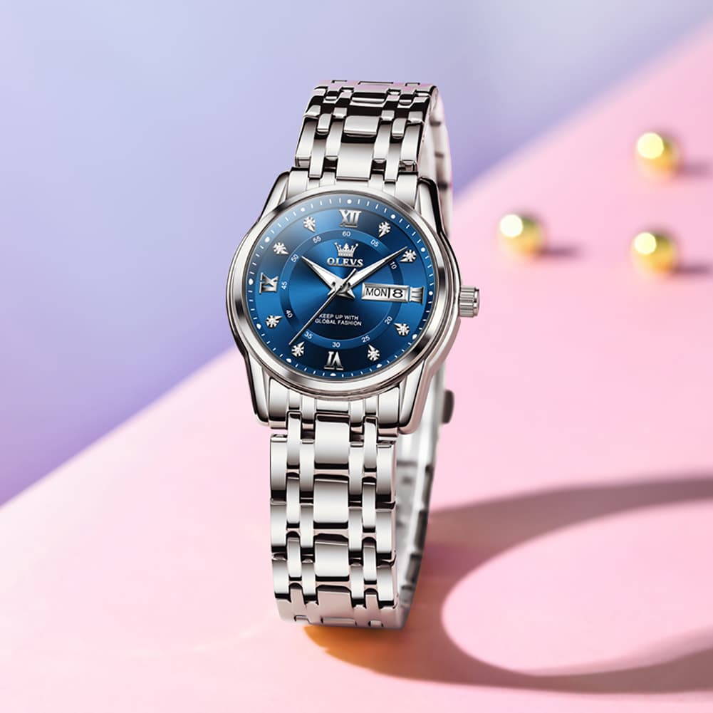 OLEVS Diamond Dial Day Date Quartz Watch 5513 Steel Band for Women