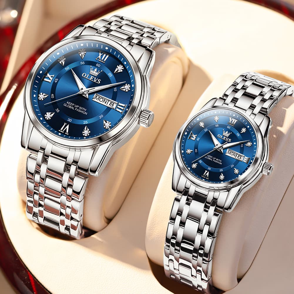 OLEVS Couple Watches Diamond Dial Day Date Quartz Watch 5513 Steel Band for His and Hers