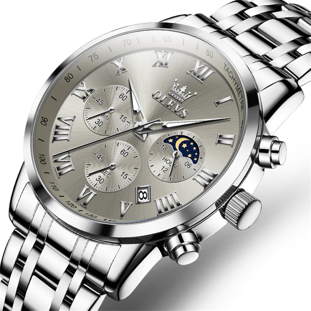 OLEVS Chronograph Moon Phase Dress Watch for Men Stainless Steel 5529