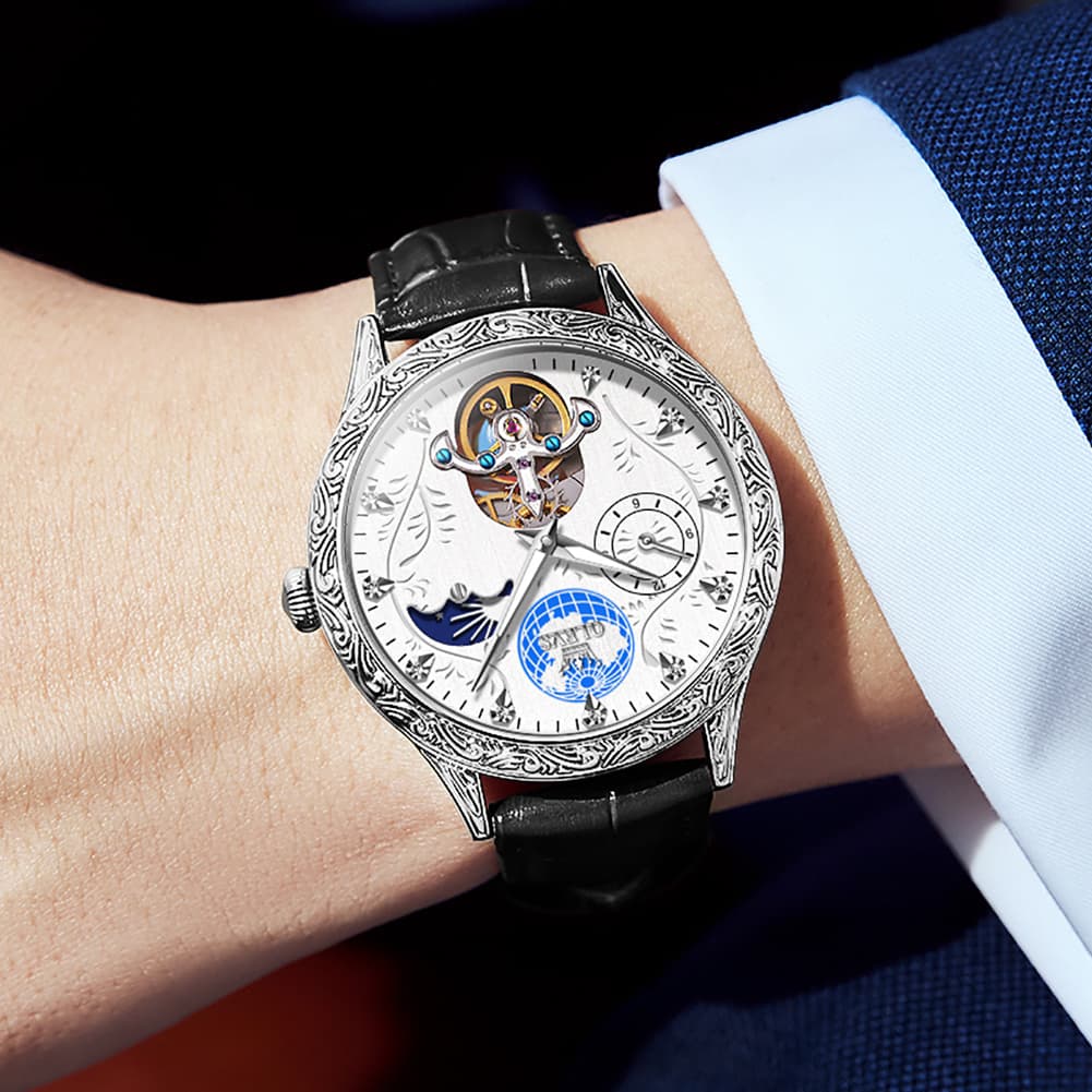 OLEVS 6660 Leather Globe Skeleton Mechanical Watch for Men