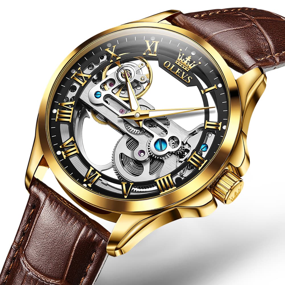 OLEVS 6661 Leather Skeleton Mechanical Watch for Men