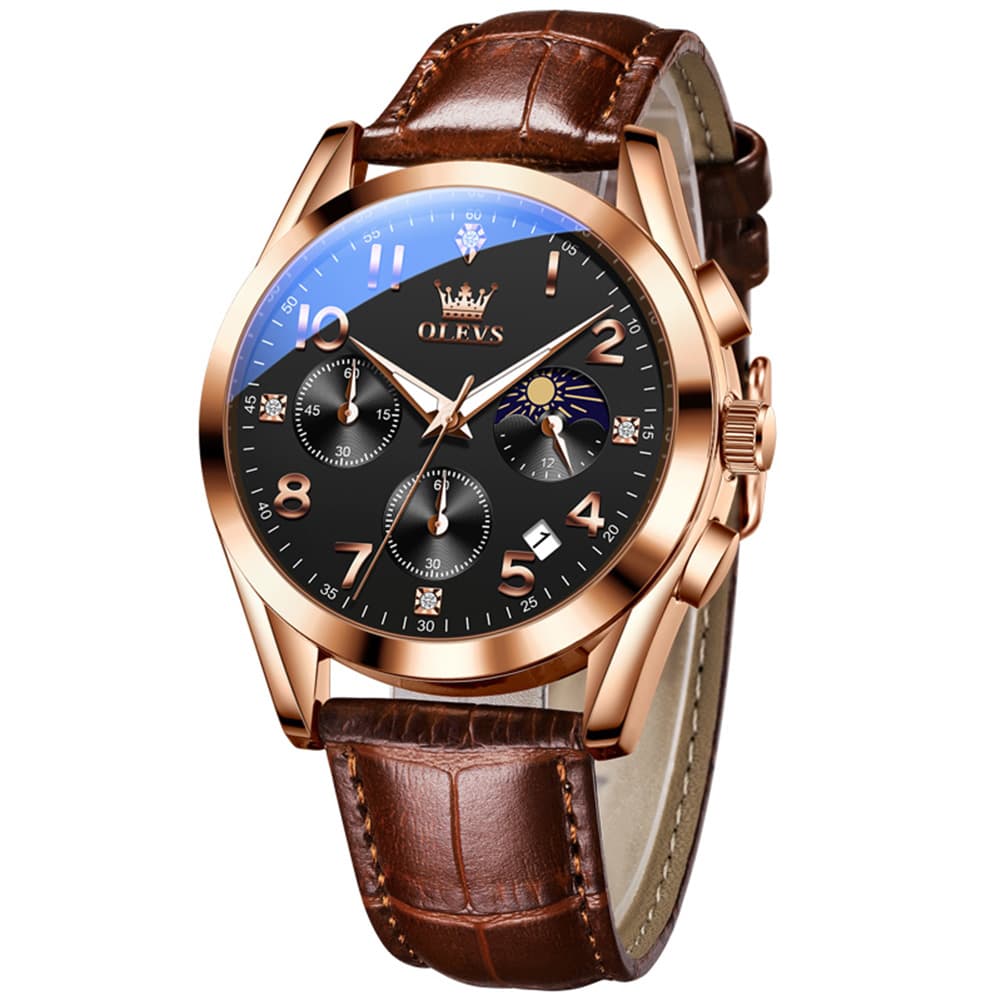 OLEVS 2890 Leather Chronograph Moon Phase Watch for Men
