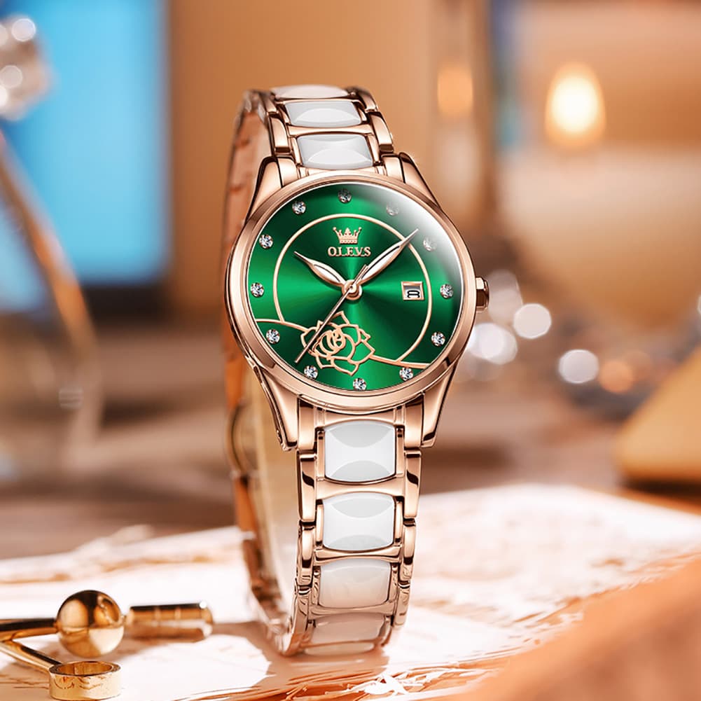 OLEVS 3606 Ceramic Rose Motif Quartz Watch for Women