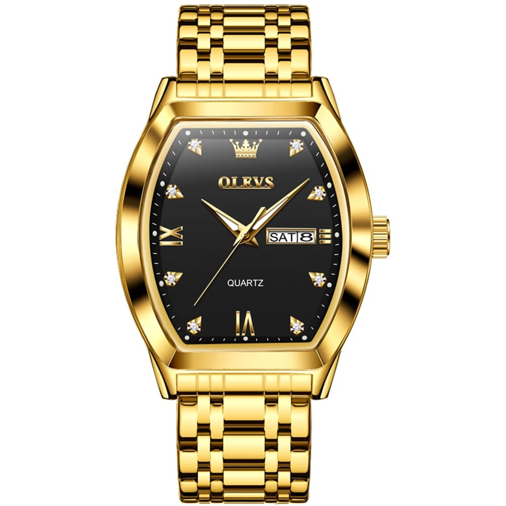 OLEVS Tonneau Diamond Dial Day Date Quartz Watch 5528 Steel Band for Men