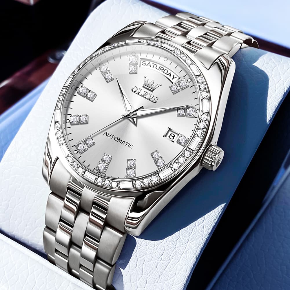OLEVS Diamond Bezel Day Date Automatic Mechanical Watch 9802 for Men