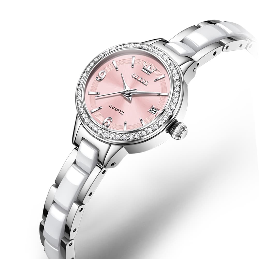 OLEVS 7093 White Ceramic Watch Women Dainty Diamond Bezel Date Quartz Jewelry Timepiece