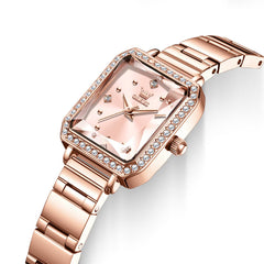 OLEVS 5688 Beveled Edge Crystal Rectangular Watch Diamond Bezel Stainless Steel Quartz Timepiece for Women