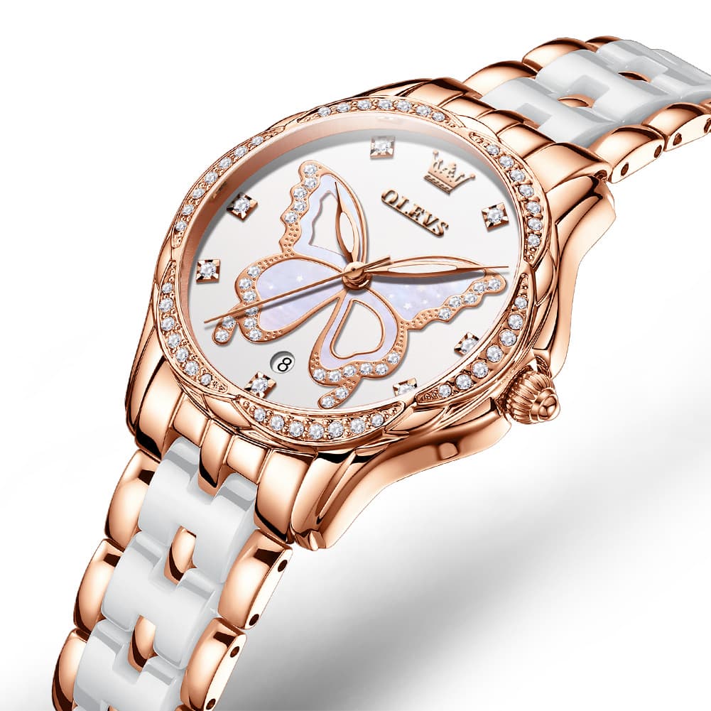 OLEVS Women Butterfly Watch Ceramic Rose Gold Diamond Date Quartz 5610