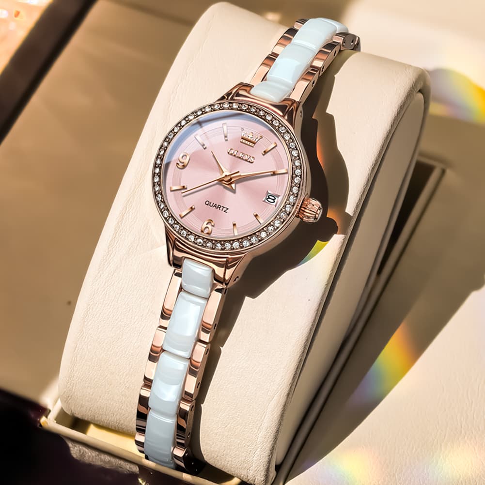 OLEVS 7093 White Ceramic Watch Women Dainty Diamond Bezel Date Quartz Jewelry Timepiece