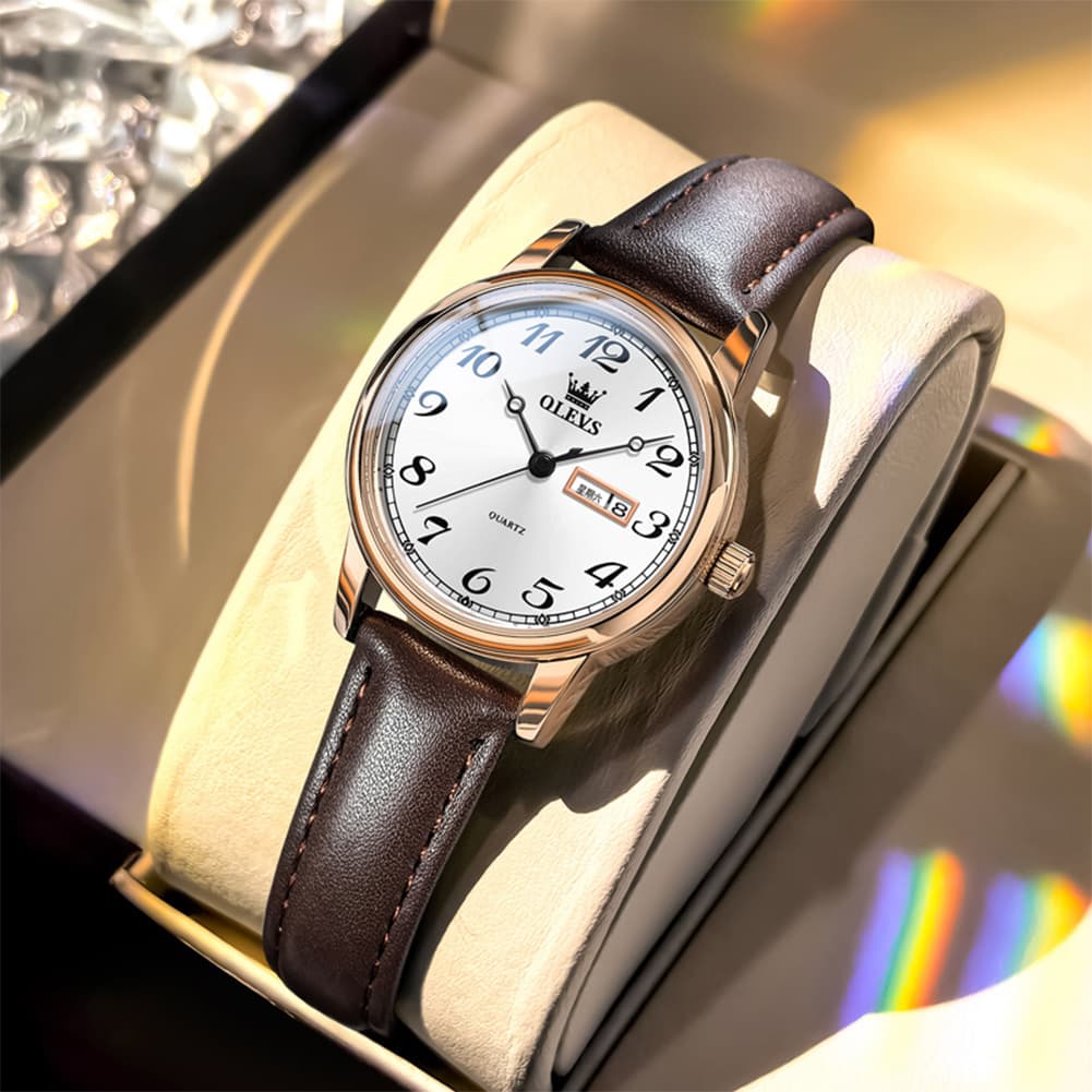 OLEVS 5662 Petite Vintage Quartz Watch Day Date Leather Strap Elegant Dress Timepiece for Women