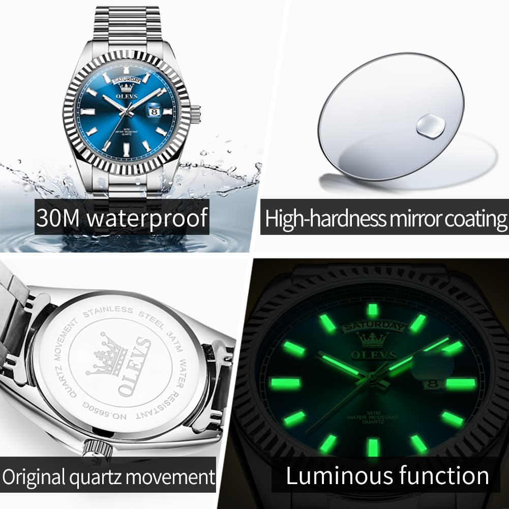 OLEVS 5650 Fluted Bezel Day Date Watch Stainless Steel Quartz Luxury Timepiece for Men