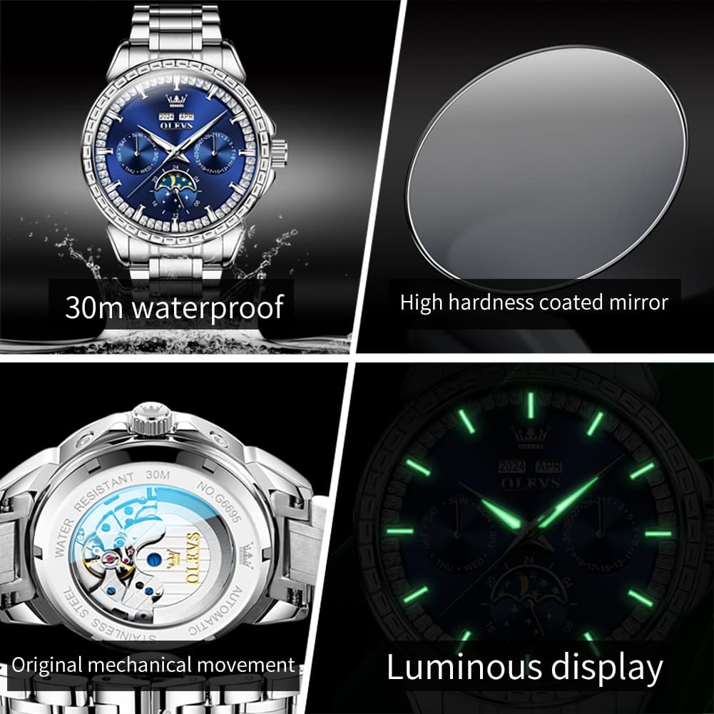 OLEVS 6695 Baguette Diamond Multifunction Mechanical Watch for Men