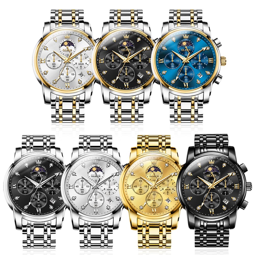 OLEVS 3655 Chronograph Moon Phase Roman Diamond Dial Stainless Steel Watch For Men