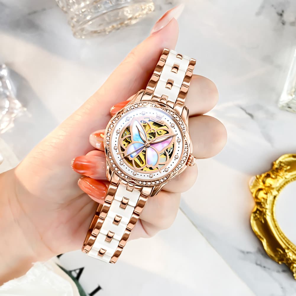 OLEVS 6615 Automatic Skeleton Bright Butterfly Watch Set for Women