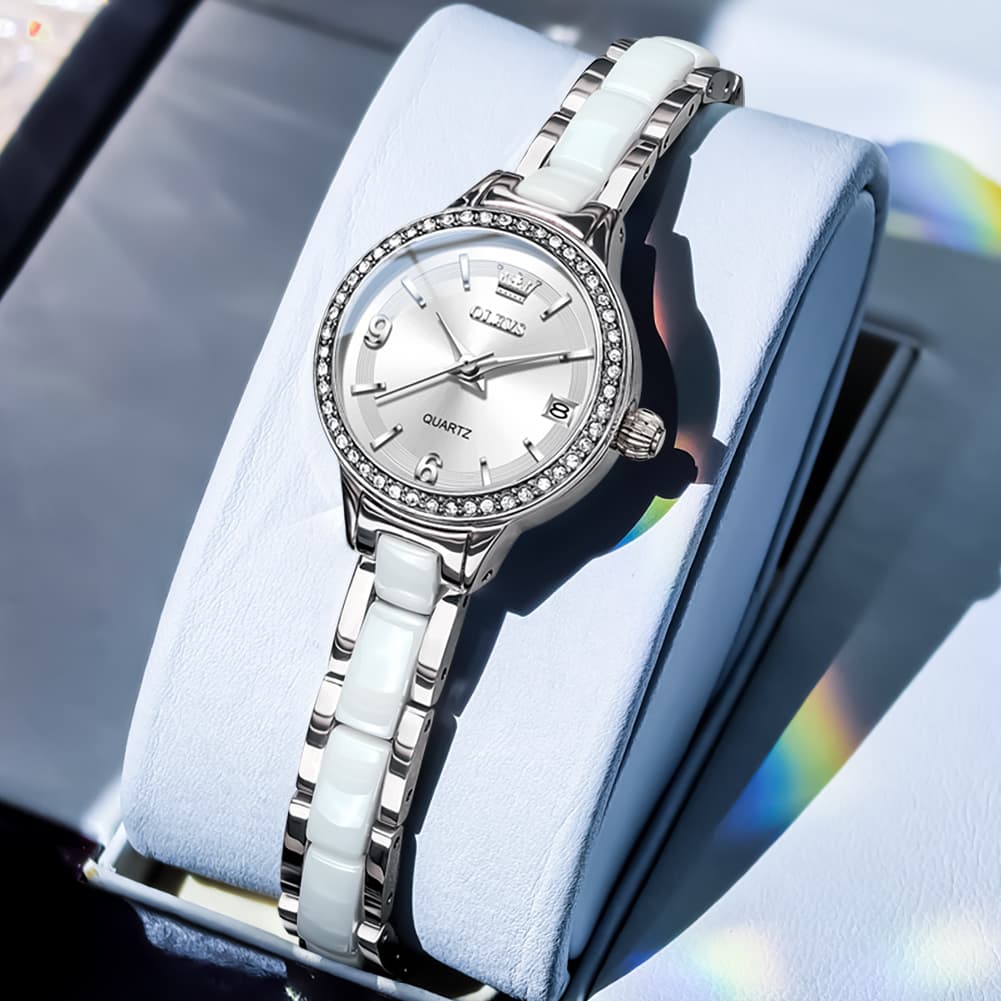 OLEVS 7093 White Ceramic Watch Women Dainty Diamond Bezel Date Quartz Jewelry Timepiece