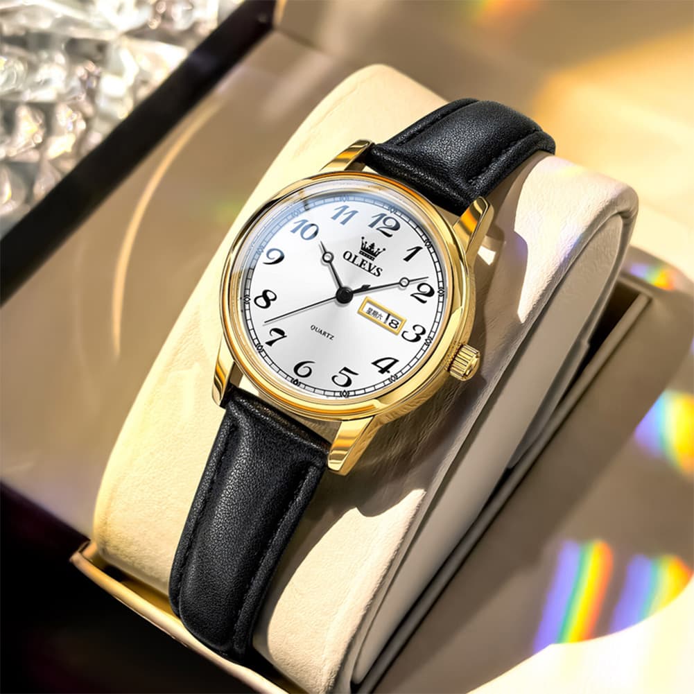 OLEVS 5662 Petite Vintage Quartz Watch Day Date Leather Strap Elegant Dress Timepiece for Women