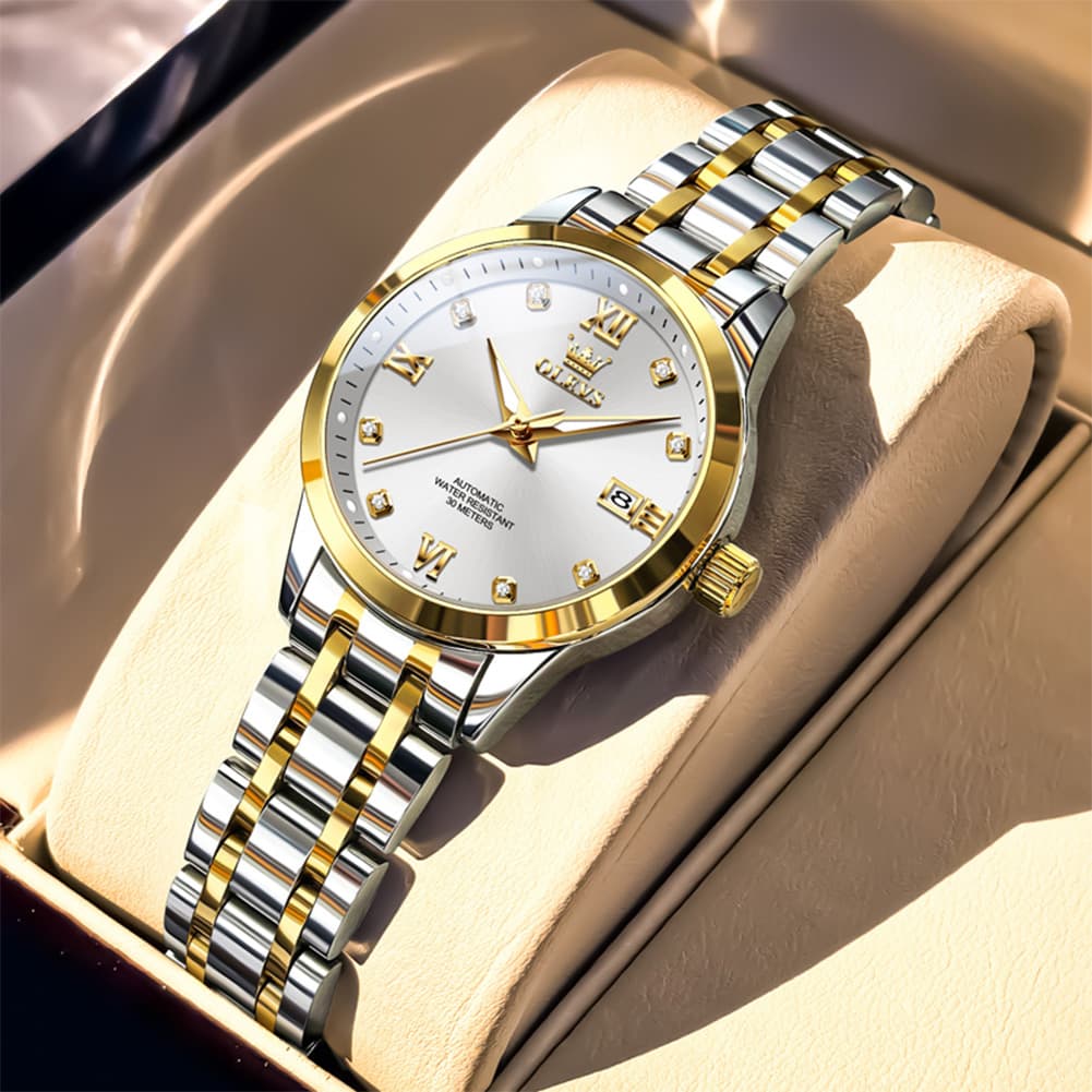 OLEVS Couple Watches Diamond Dial Automatic Mechanical Watch 9946 Steel Band for His and Hers