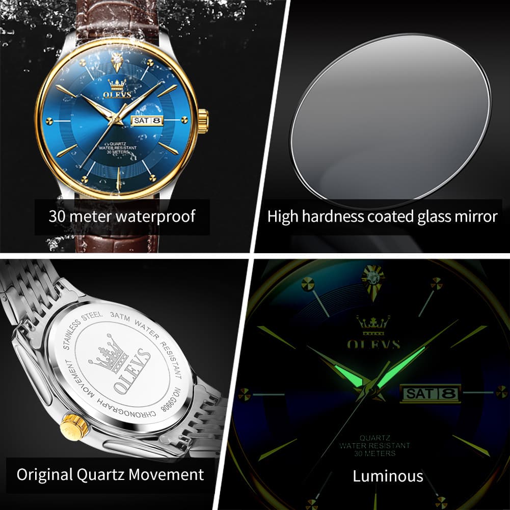 OLEVS 9908 Diamond Accent Day Date Quartz Watch for Men