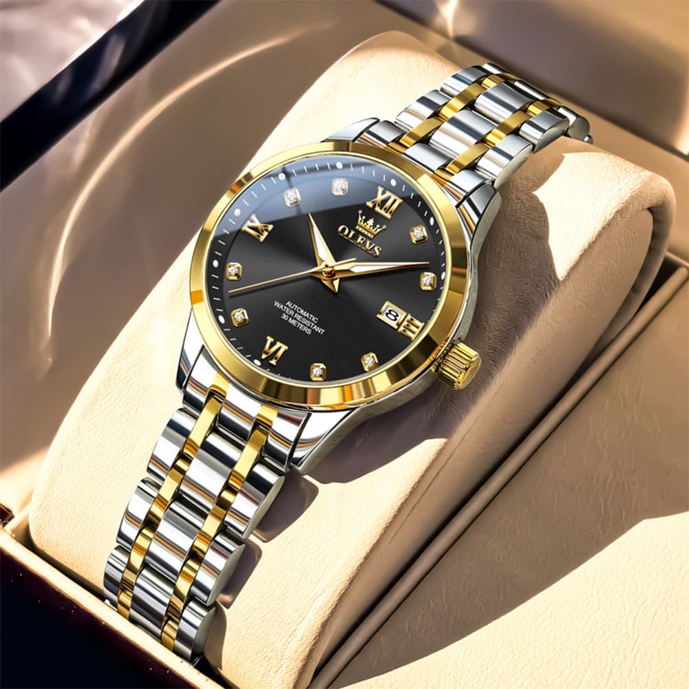 OLEVS Couple Watches Diamond Dial Automatic Mechanical Watch 9946 Steel Band for His and Hers