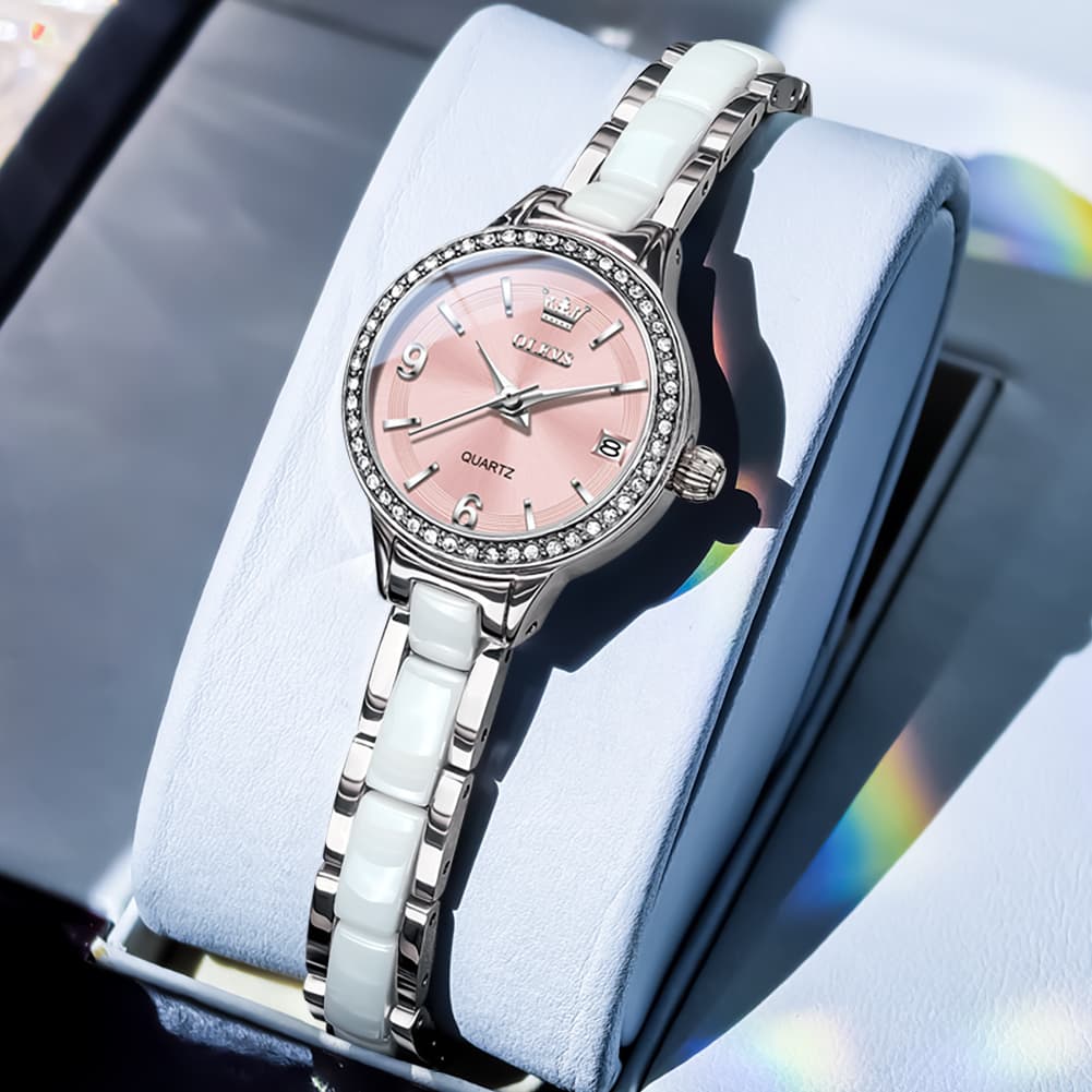 OLEVS 7093 White Ceramic Watch Women Dainty Diamond Bezel Date Quartz Jewelry Timepiece