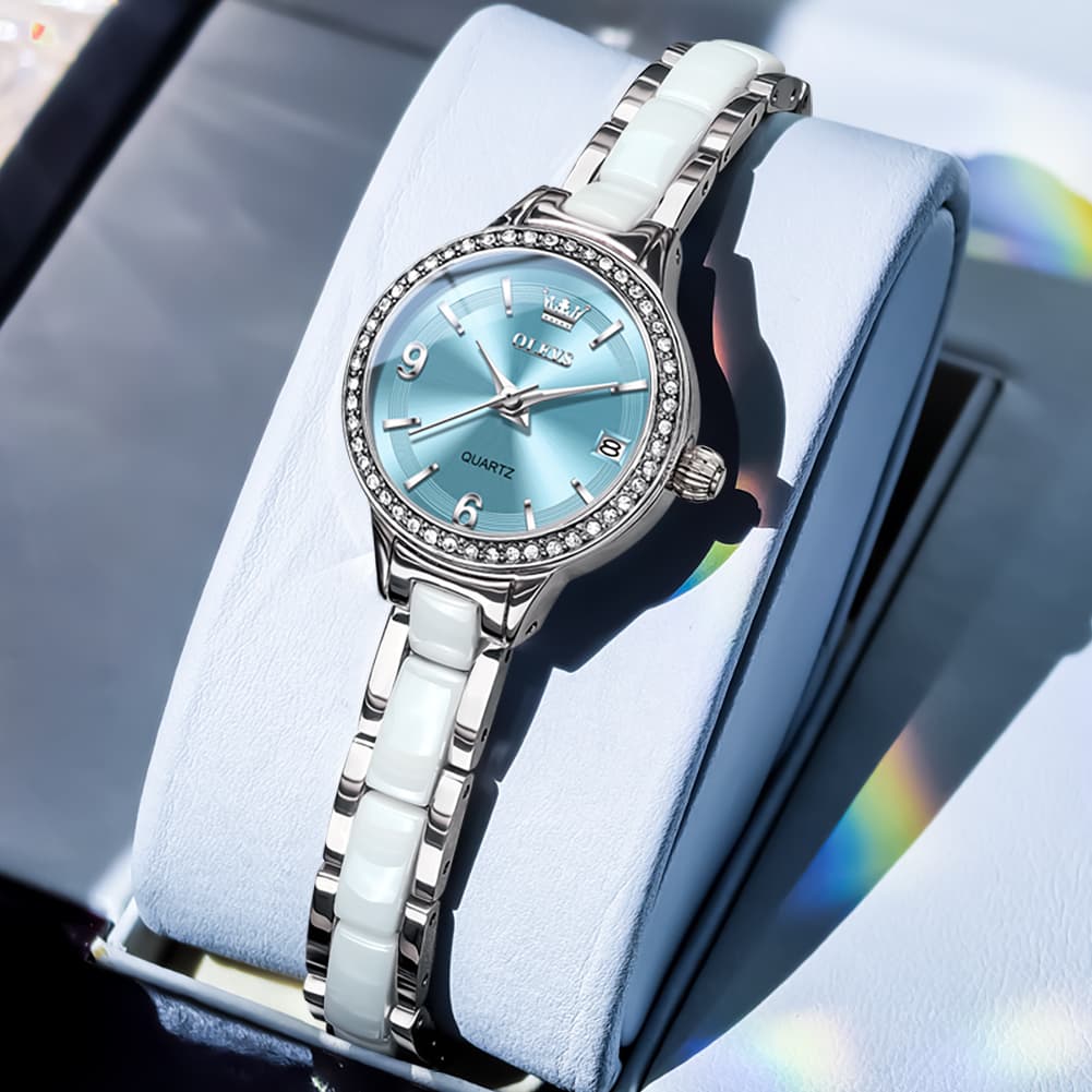 OLEVS 7093 White Ceramic Watch Women Dainty Diamond Bezel Date Quartz Jewelry Timepiece