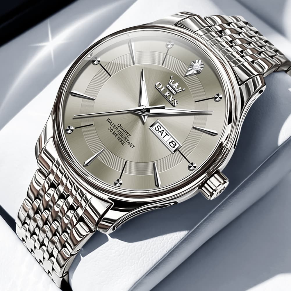 OLEVS 9908 Diamond Accent Day Date Quartz Watch for Men