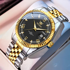OLEVS 5680 Fluted Bezel Roman Diamond Dial Watch Stainless Steel Jubilee Bracelet Quartz Timepiece for Men