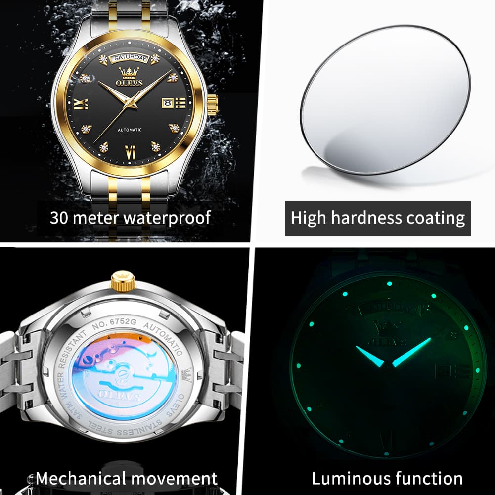 OLEVS 6752 Diamond Dial Day Date Mechanical Watch for Men